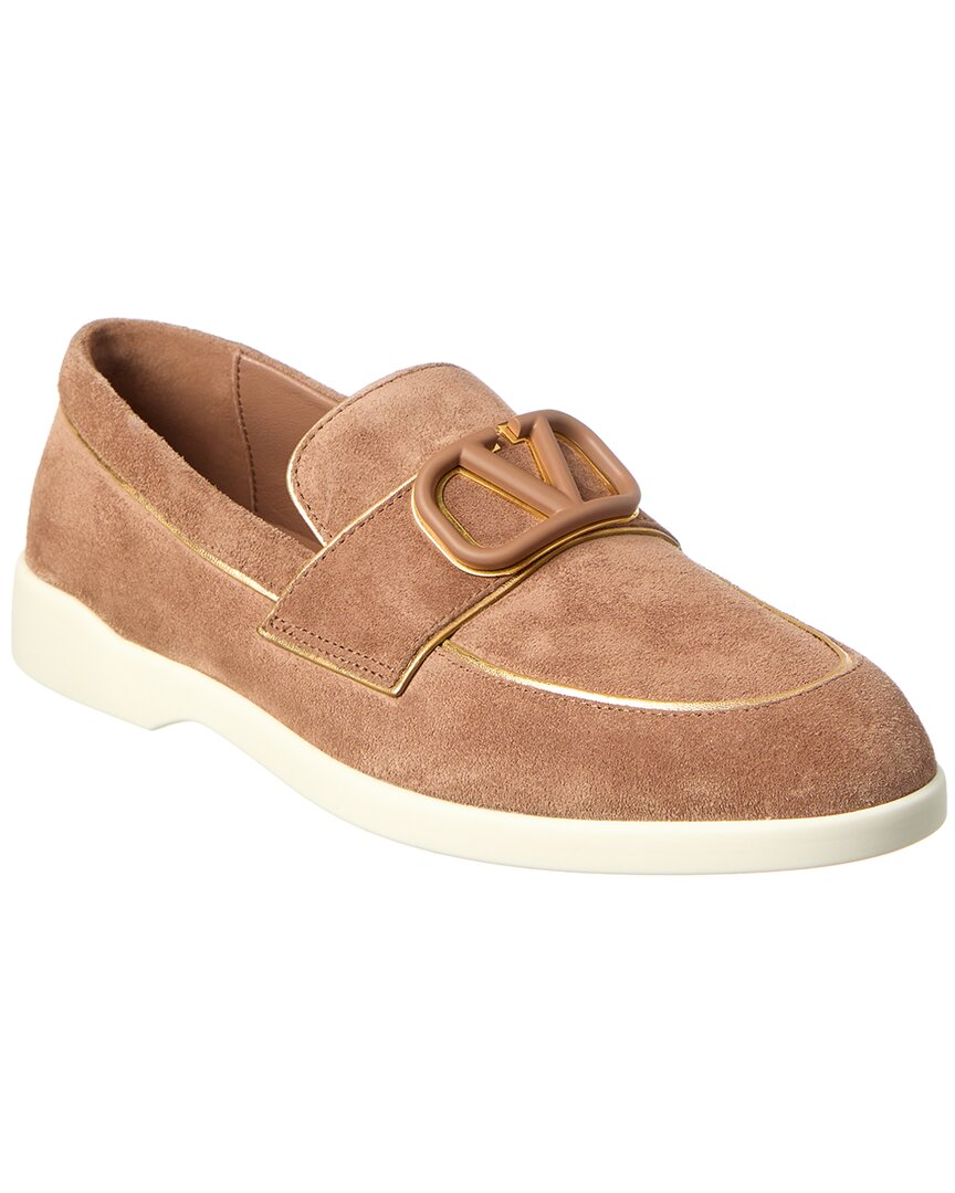Valentino Round Toe Suede Finish Loafers Rubber Sole In Brown