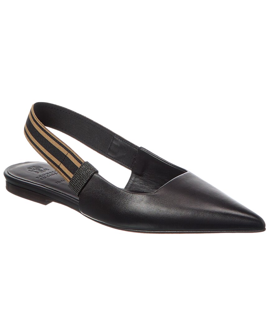 Brunello Cucinelli Leather Slingback Flat In Black