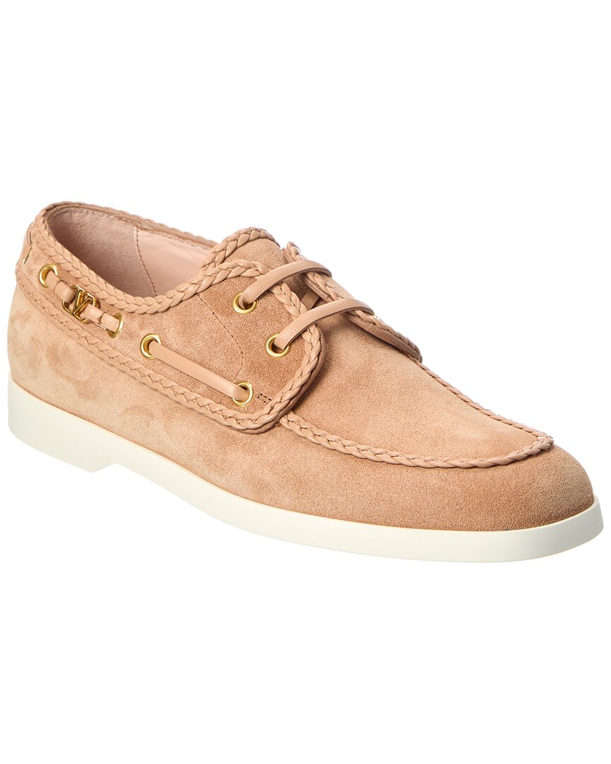 Shop Valentino Braided-edge Suede Loafer In Brown