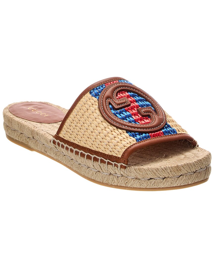 Gucci Interlocking G Raffia & Leather Sandal In Brown
