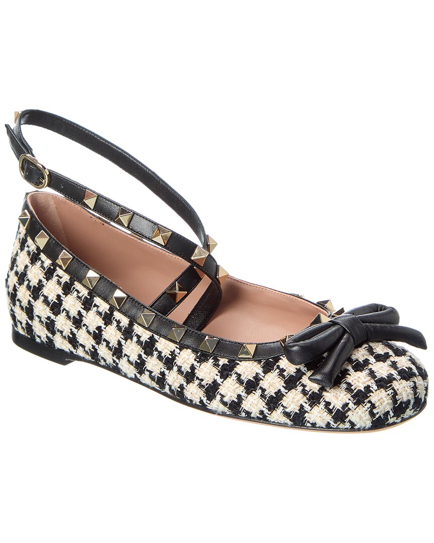 Valentino Mesh Rockstud Embellished Pointed Toe Ballerinas In Black