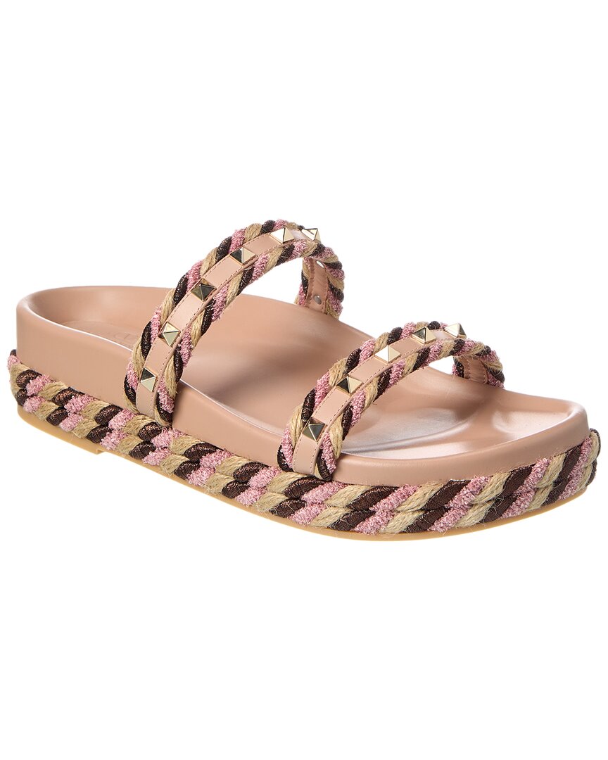 Valentino Rockstud Rope & Leather Slide In Pink