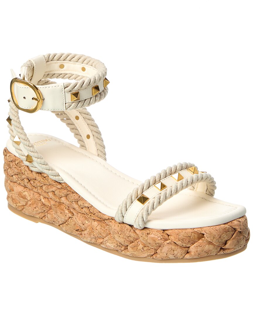 Valentino Rockstud 100 Leather Wedge Sandal In White