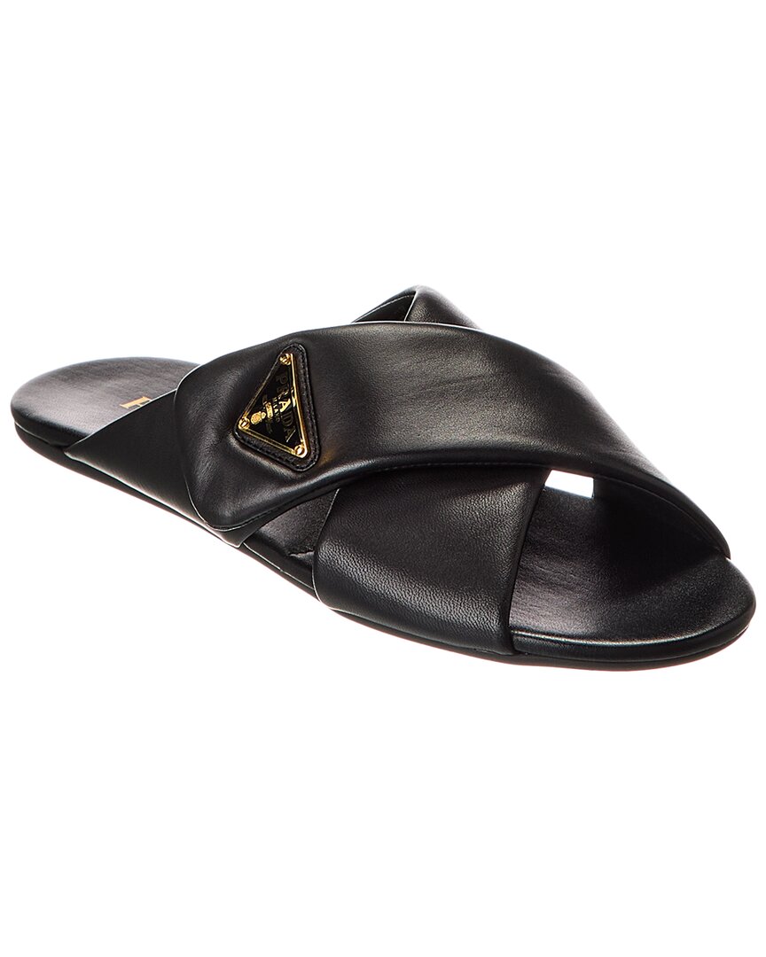 Shop Prada Logo Leather Sandal In White