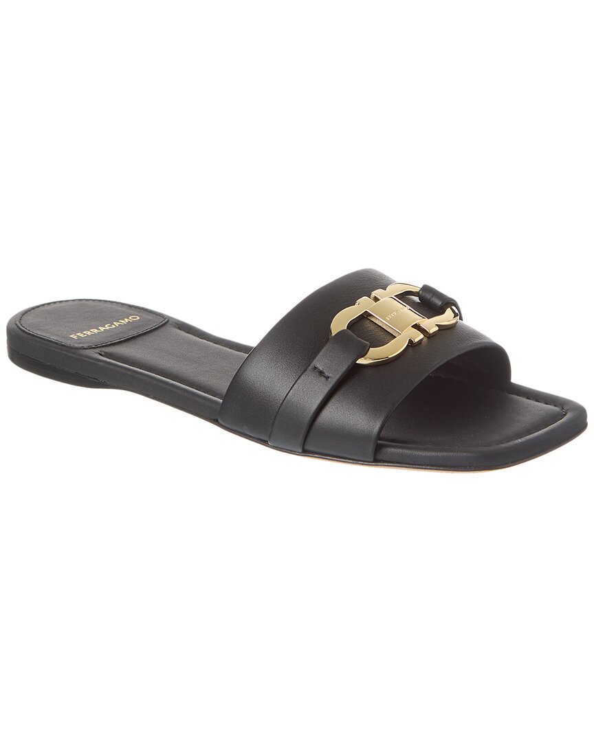 Ferragamo Square Lambskin Sandals Gold-tone Hardware In Black