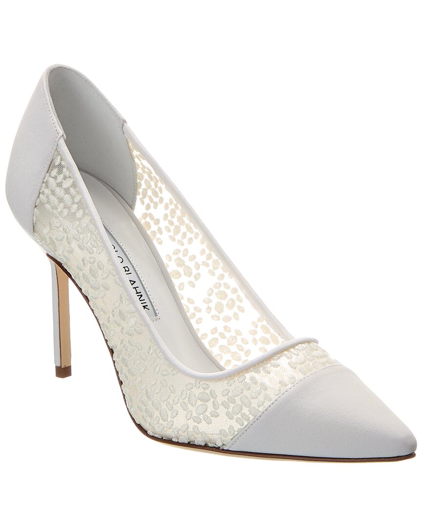 Manolo Blahnik Capcour 90 Canvas & Lace Pump In White