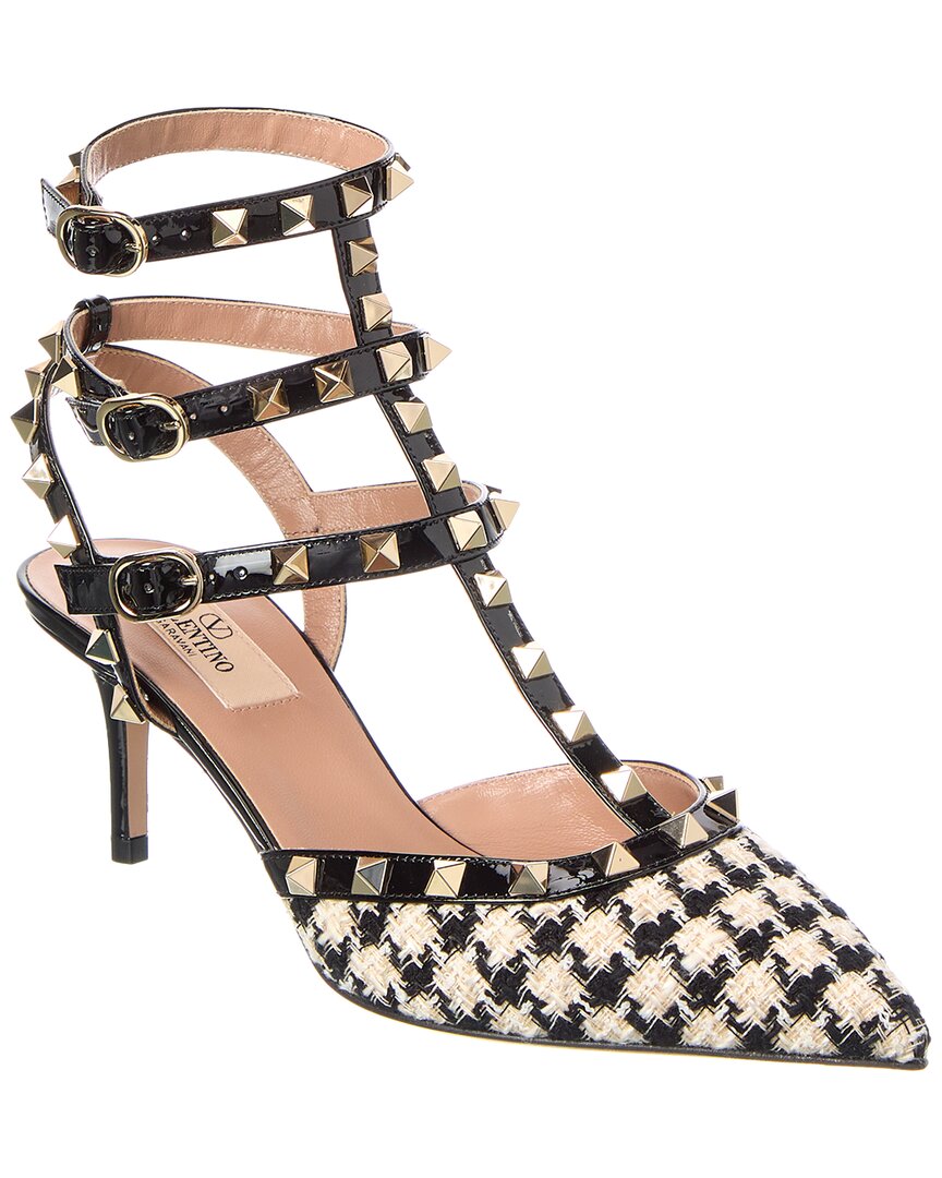 Valentino Rockstud Caged 65 Tweed & Patent Ankle Strap Pump In Black