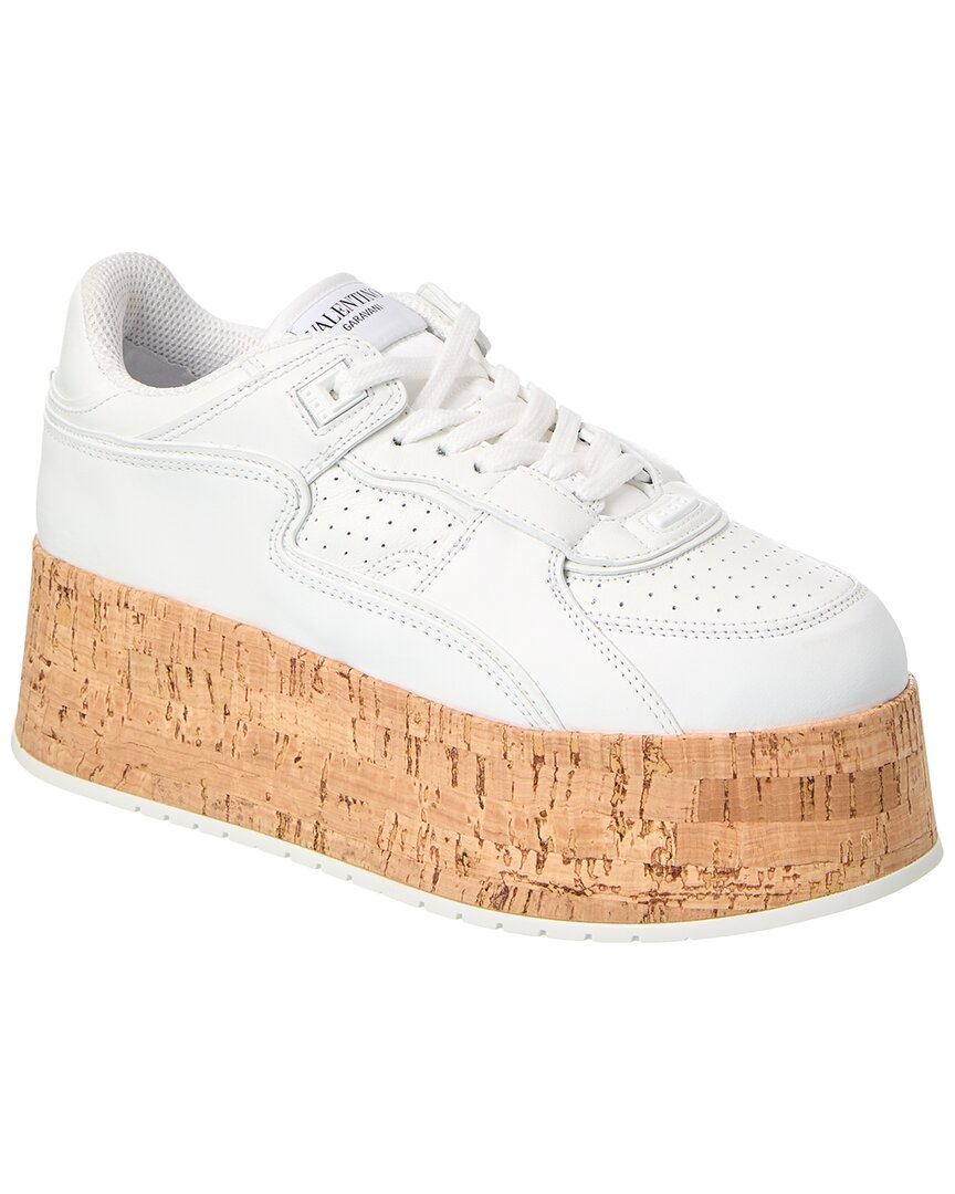 Valentino Leather Platform Sneakers Perforated Detailing In White