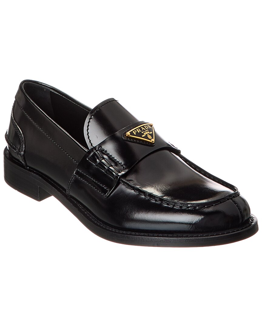 Prada Leather Loafers With Decorative Buckle And Round Toe In Black