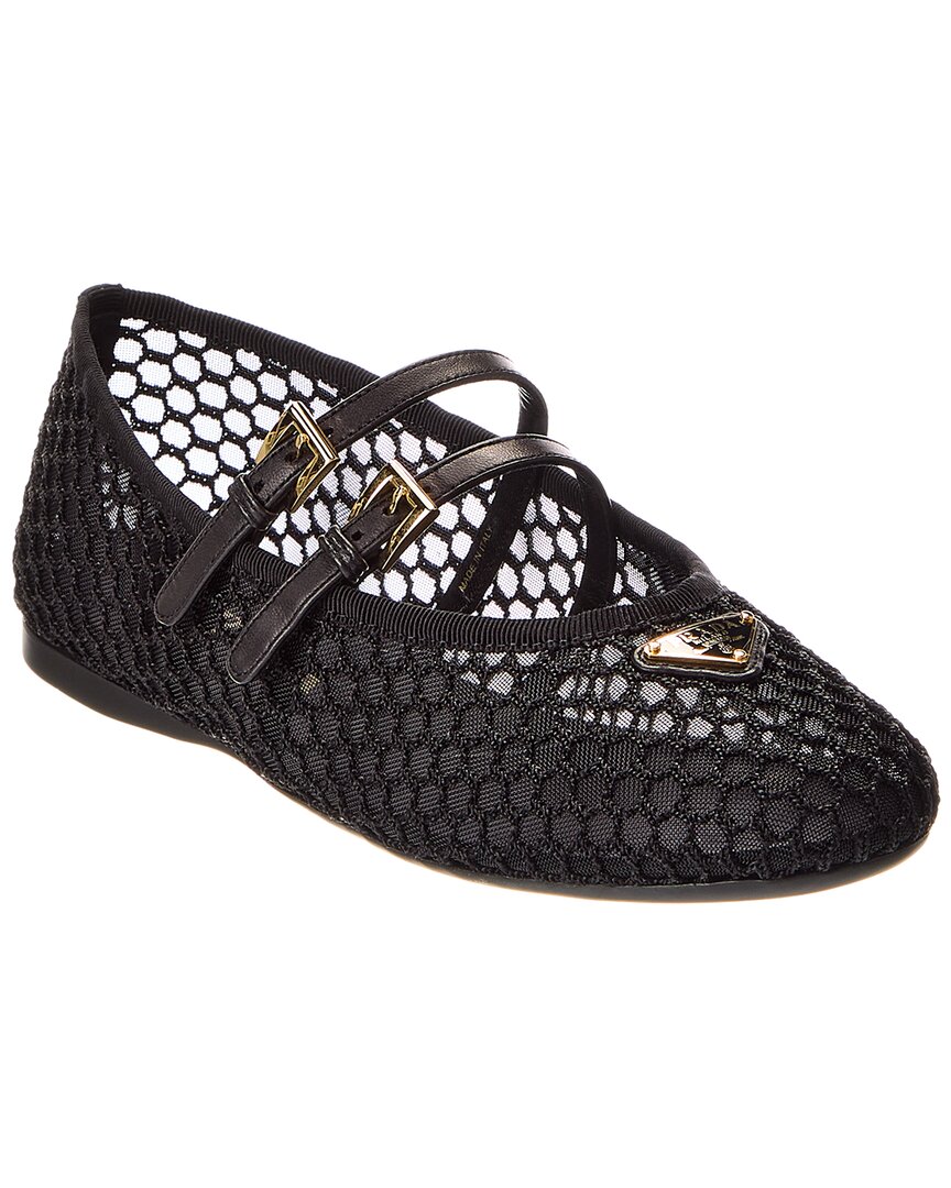 Prada Logo Leather-trimmed Mesh Ballet Flats In Black
