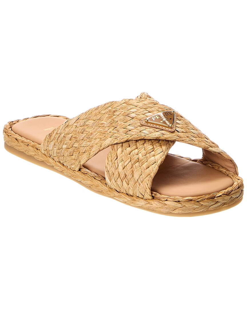 Prada Women's Raffia Slippers Sandal In Brown