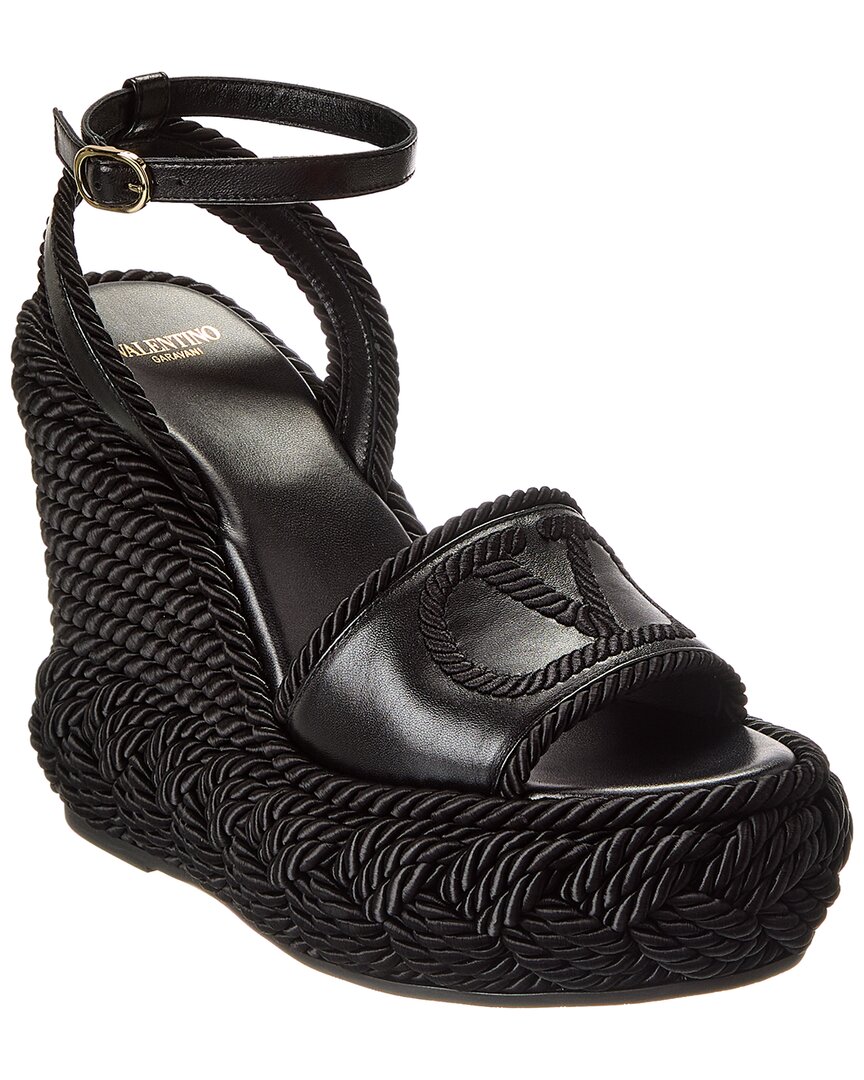 Shop Valentino Vlogo Silk Torchon 130 Leather Wedge Sandal In Black