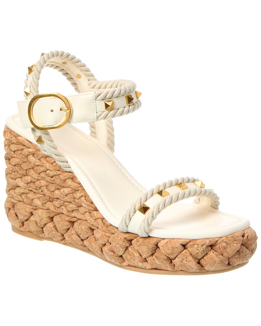 Valentino Rockstud 100 Leather Wedge Sandal In White
