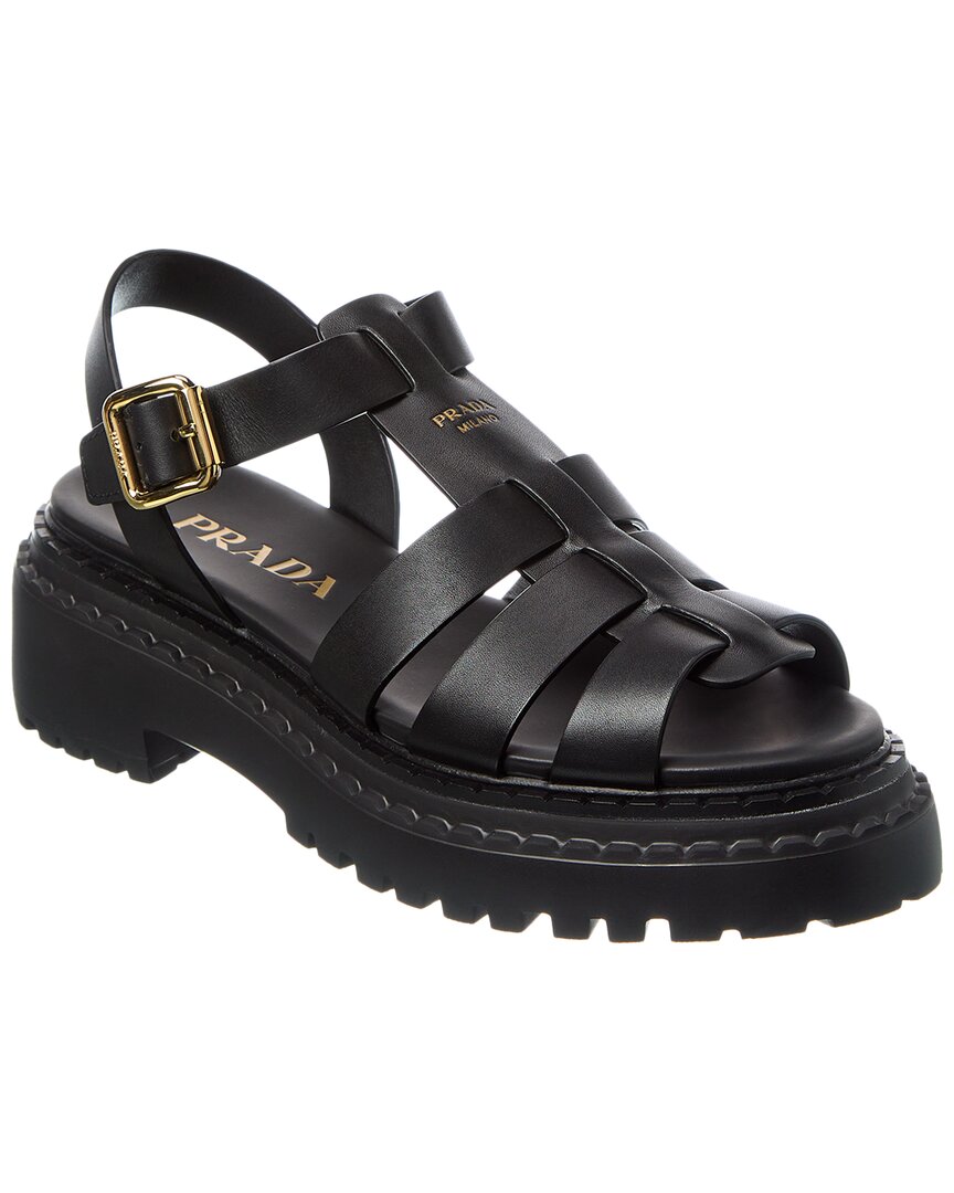 Prada Leather Cage Sandals In Black
