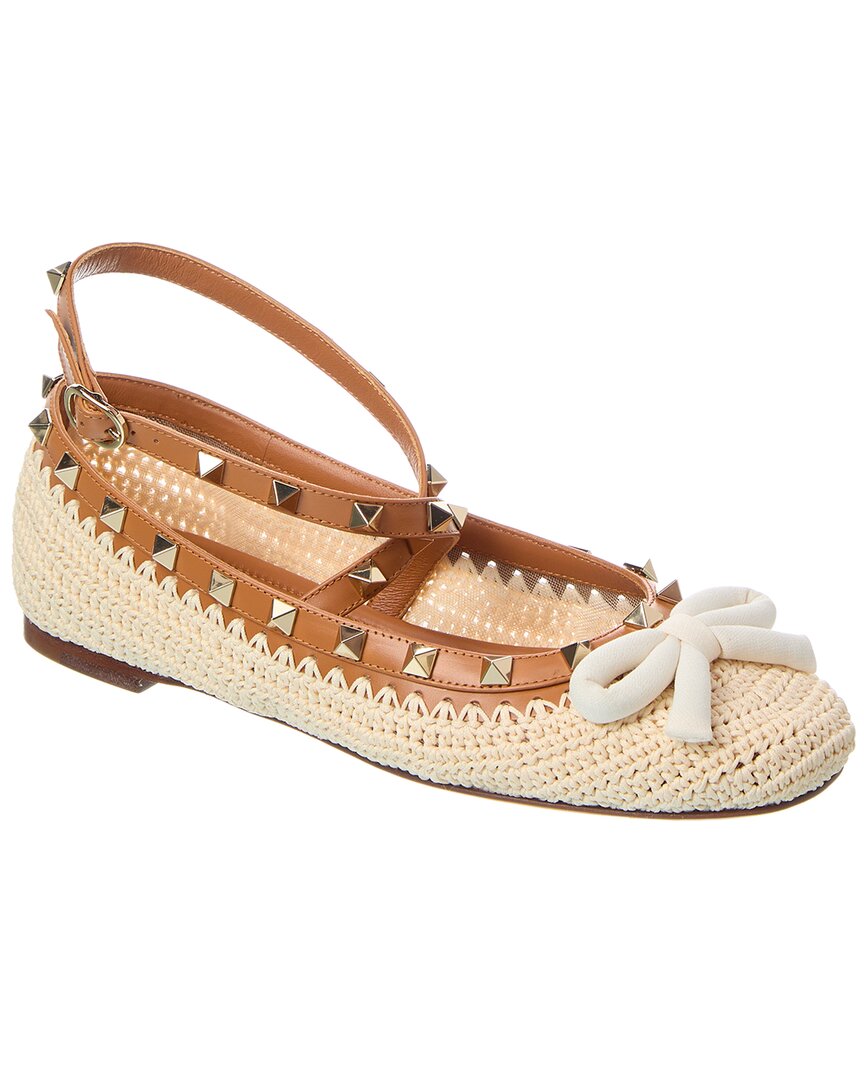 Valentino Rockstud Raffia & Leather Flat In Brown