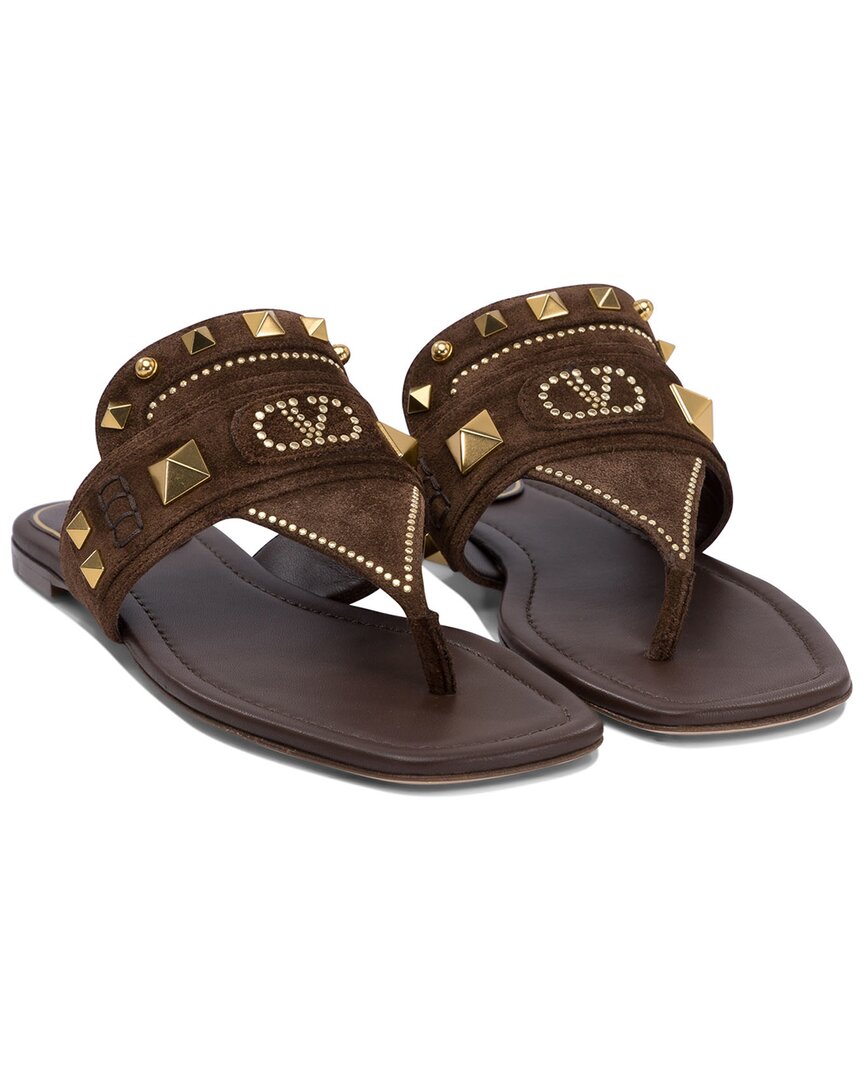 Valentino Garavani Plaster Caster Flip Flops With Gold Accents And Open Toe In Brown