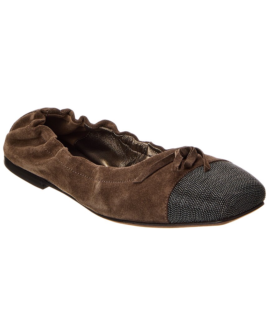 Brunello Cucinelli Suede Monili Cap-toe Ballerina Flats In Brown