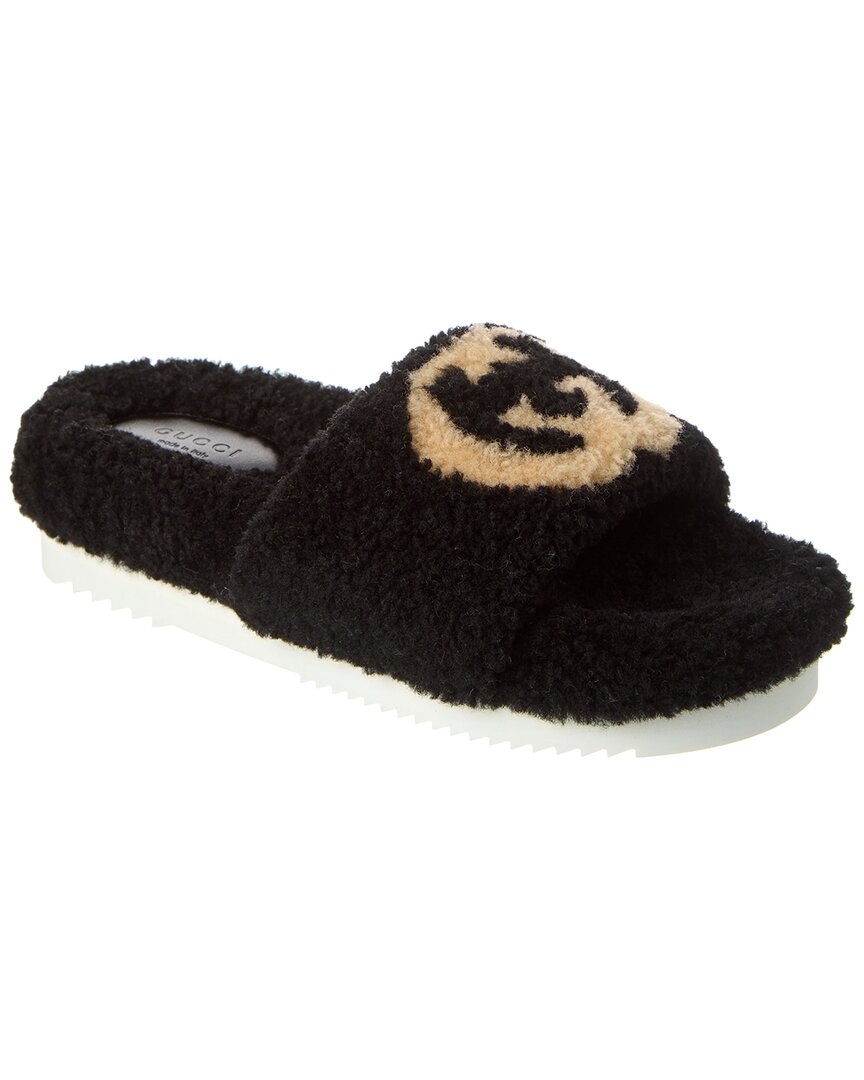 Gucci Interlocking G Shearling Slide In Black