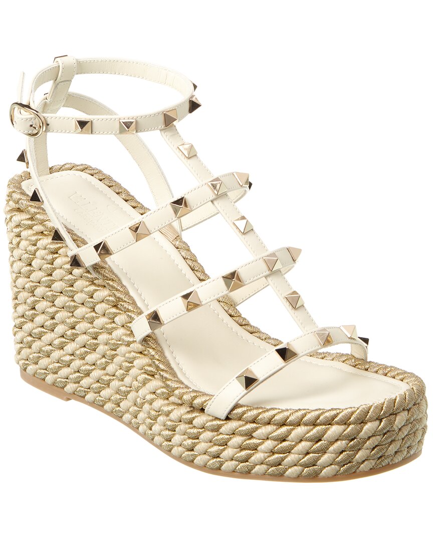 Valentino Rockstud Caged 95 Rope & Leather Wedge Sandal In White