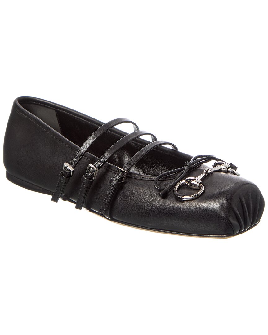 Gucci Leather Bow Detail Squared Toe Ballet Flats In Black
