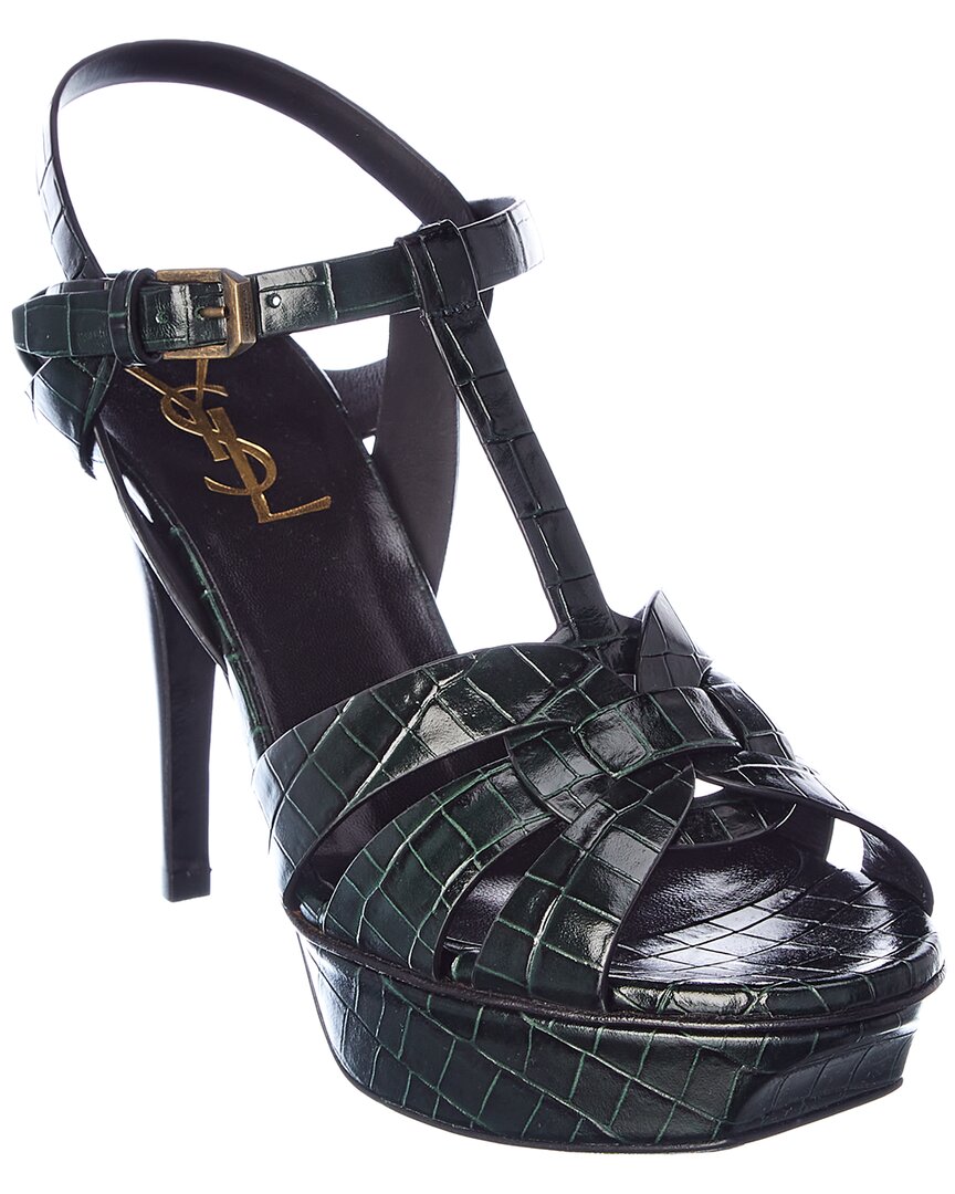Shop Saint Laurent Tribute 75 Croc-embossed Leather Platform Sandal In Green