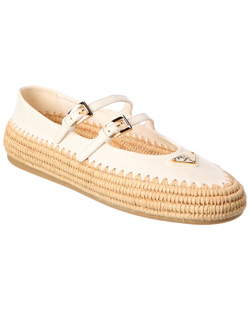 Prada Logo Leather & Raffia Ballet Flat In White