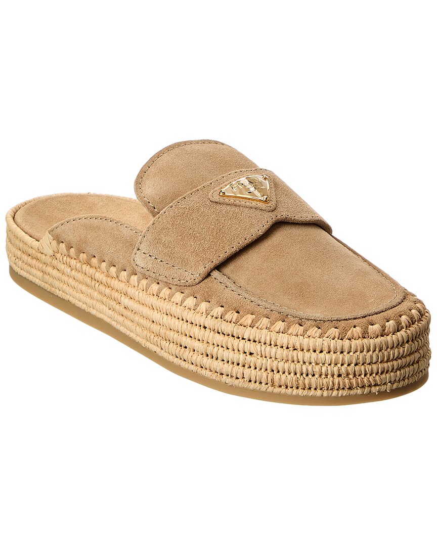 Prada Logo Suede Flatform Mule In Sand