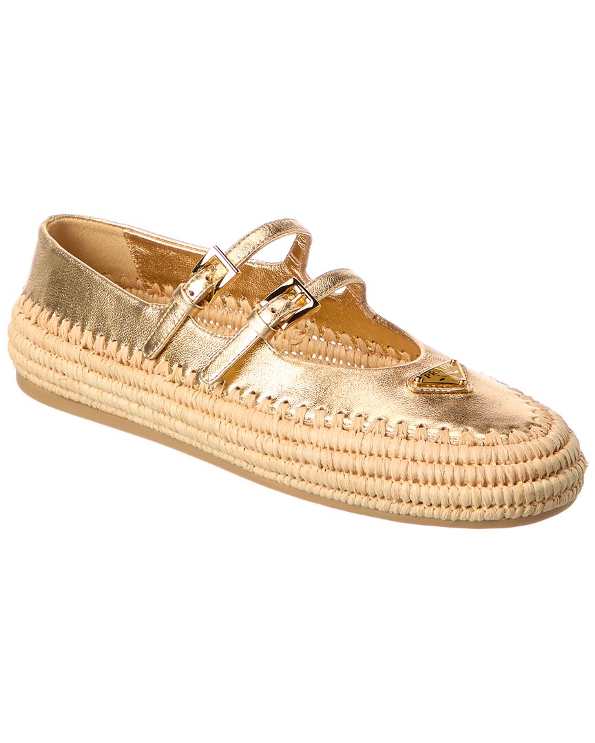 Prada Logo Leather & Raffia Ballereina Flats
