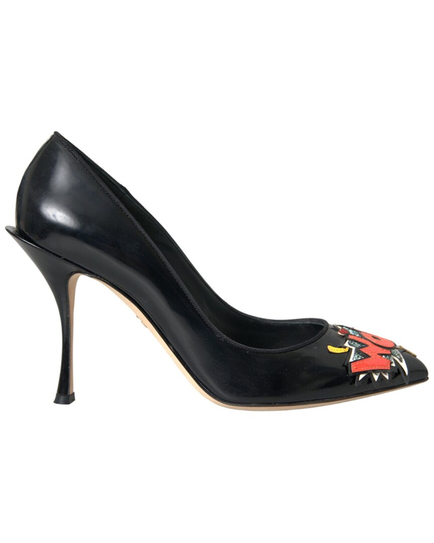 Dolce & Gabbana Black Leather Wow Patch Heels Pumps Shoes In Black