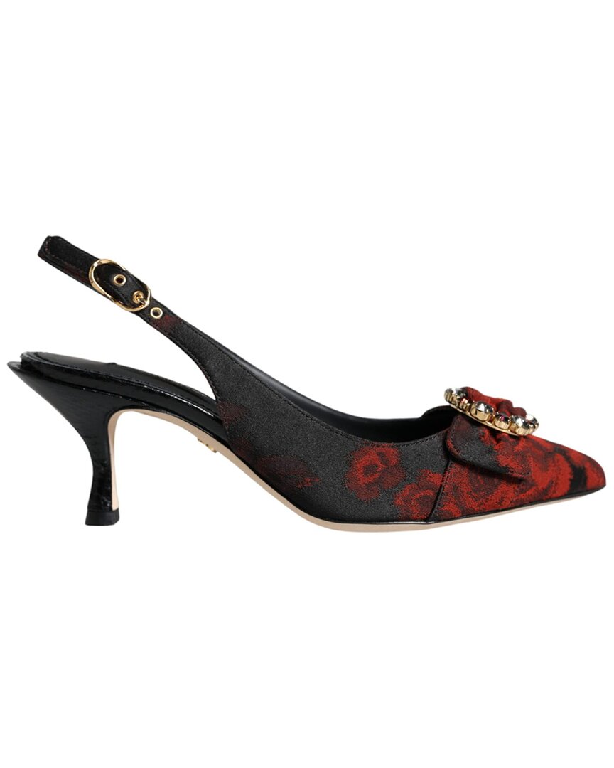 Dolce & Gabbana Black Red Floral Crystal Heel Slingback Shoes In Black