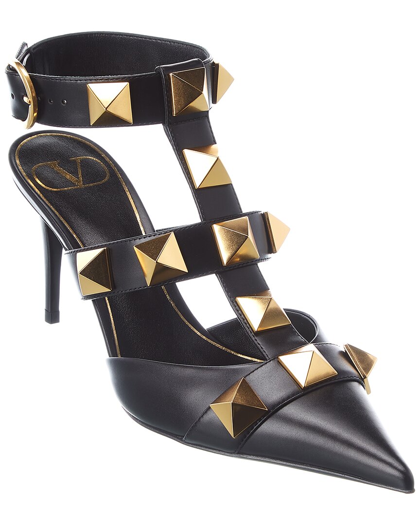 Valentino Roman Stud 80 Leather Ankle Strap Pump In Black