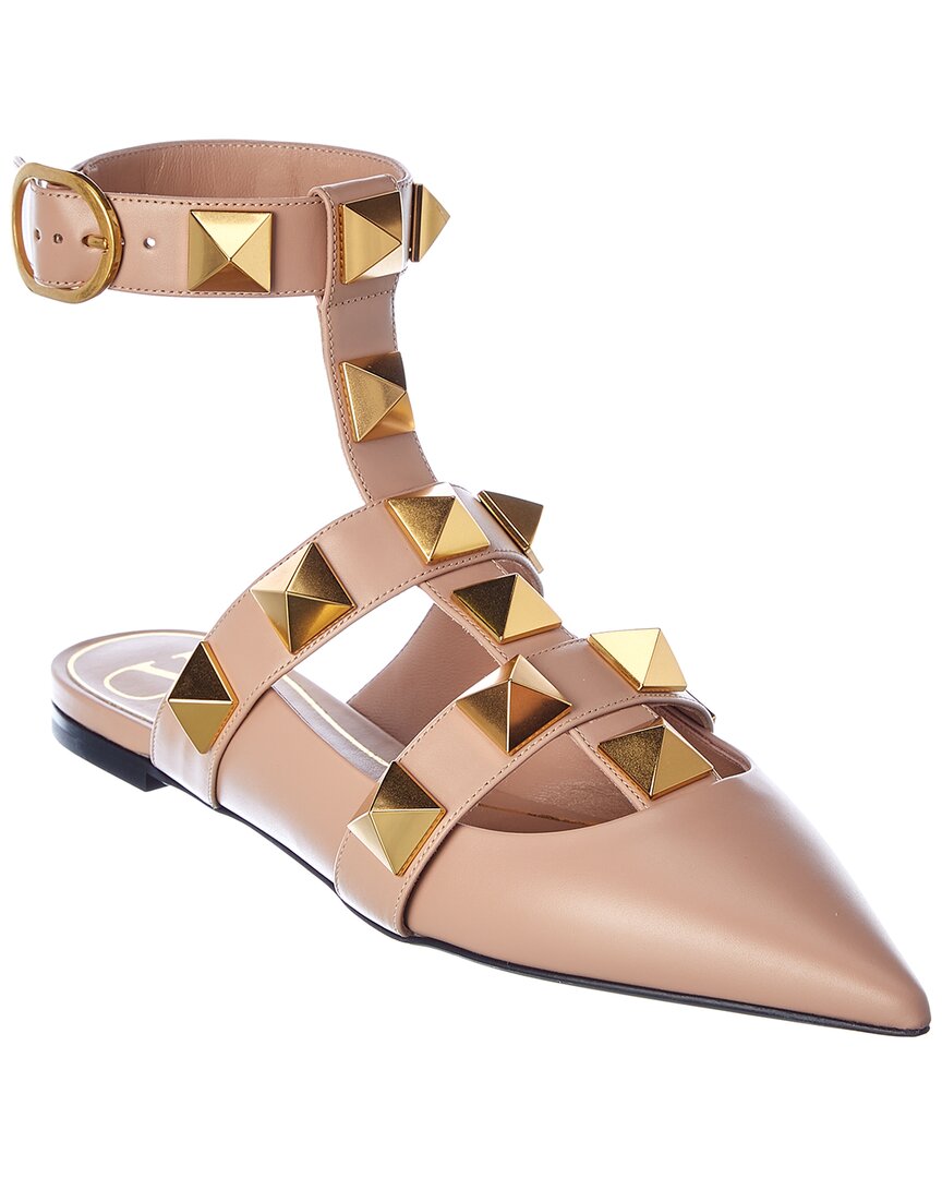 Valentino Roman Stud Leather Ankle Strap Flat In Pink