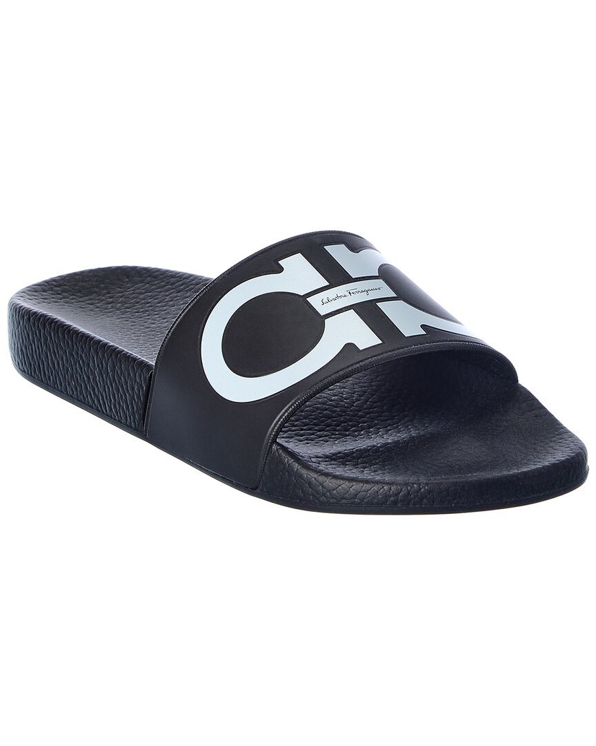 Ferragamo Gancini-print Open-toe Slides In Black