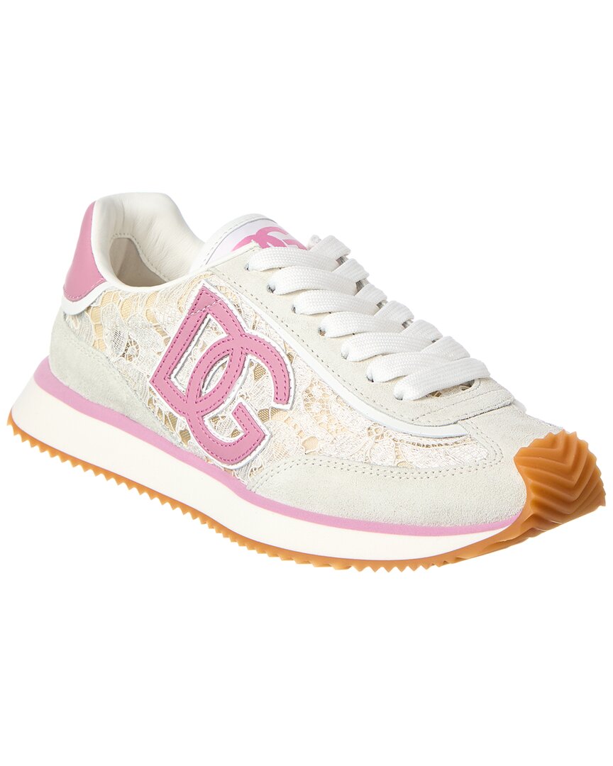 Dolce & Gabbana Women White Low Top With Lace Details And Dg Patch On The Side In Fabric And Suede B