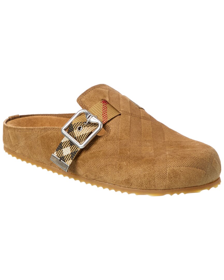 Burberry Suede Slippers With Buckle Detail And Textured Finish In Brown