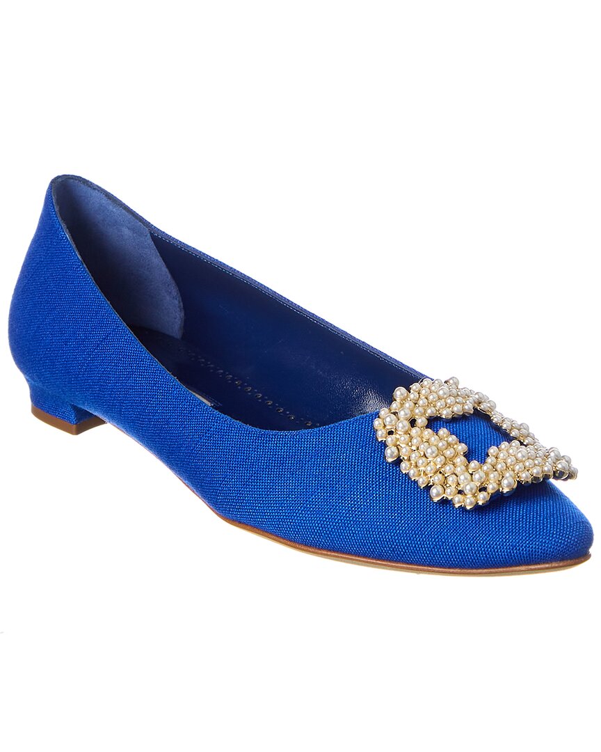 Manolo Blahnik Hangisi Crystal-embellished Satin Point-toe Flats In Blue