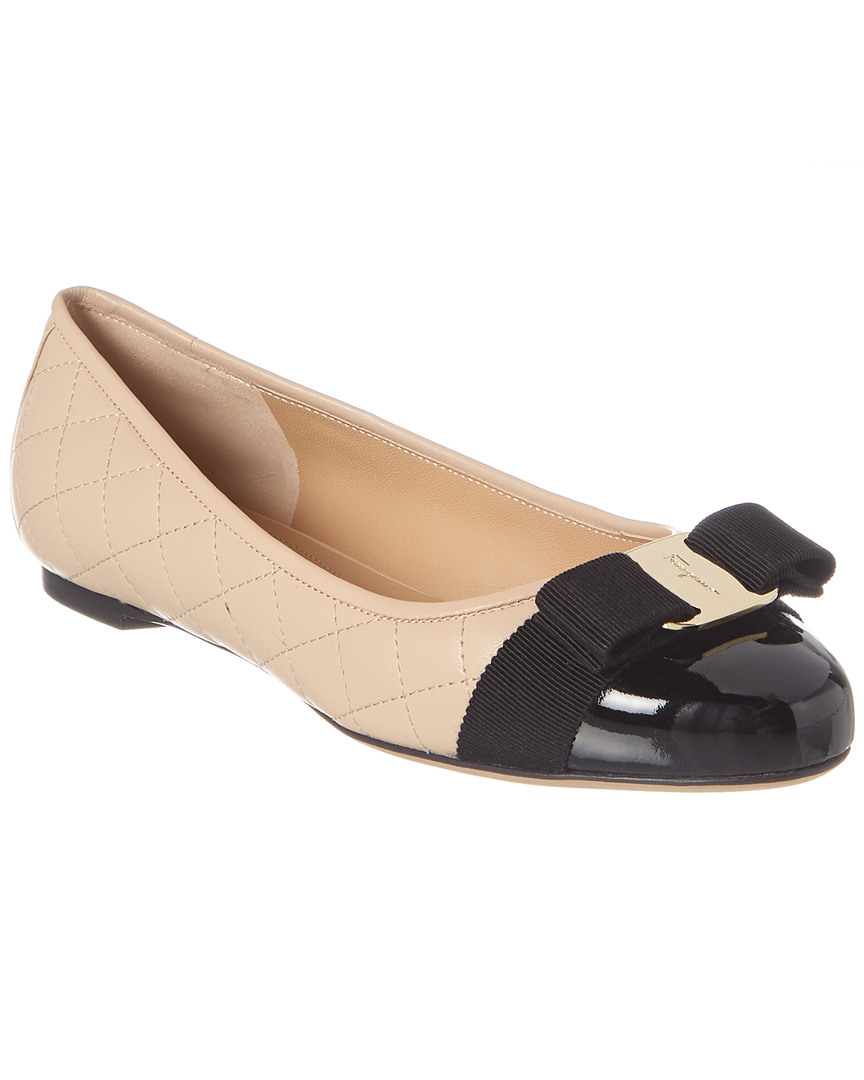 Ferragamo Varina Bow-embellished Quilted Smooth And Patent-leather Ballet Flats In Black
