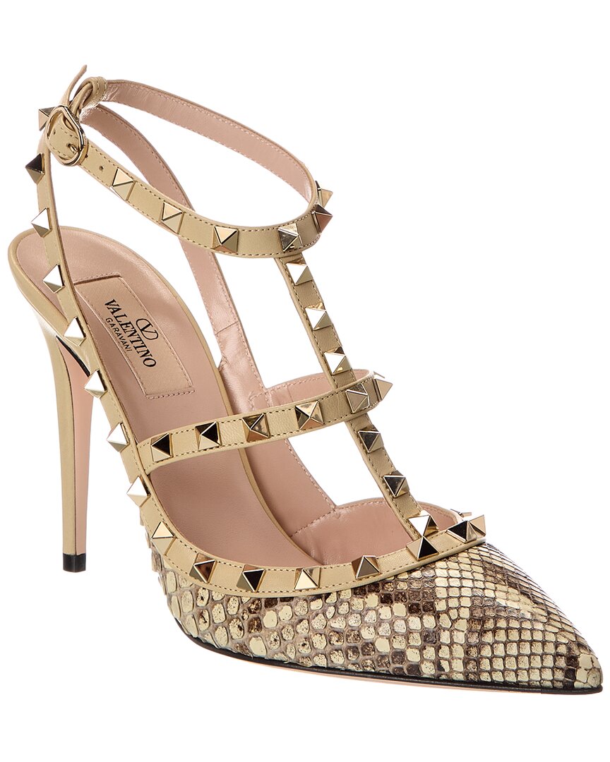 Valentino Rockstud Caged 100 Python & Leather Pump In Gold