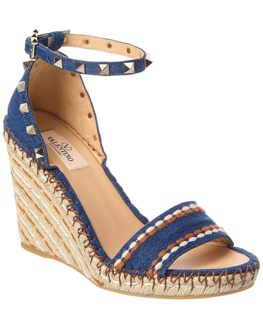 Valentino Garavani Valentino Rockstud 105 Denim Wedge Sandal In Blue