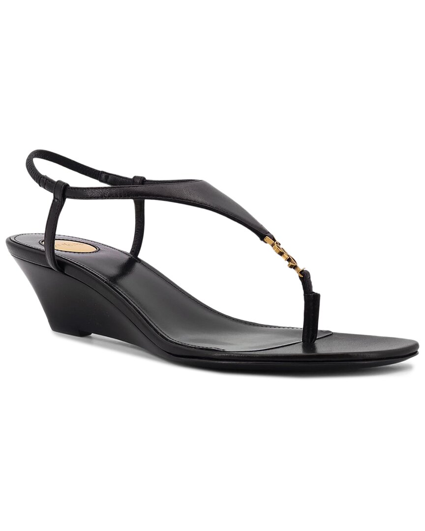 Saint Laurent Cassandre Wedge Leather Thong Sandal In Black