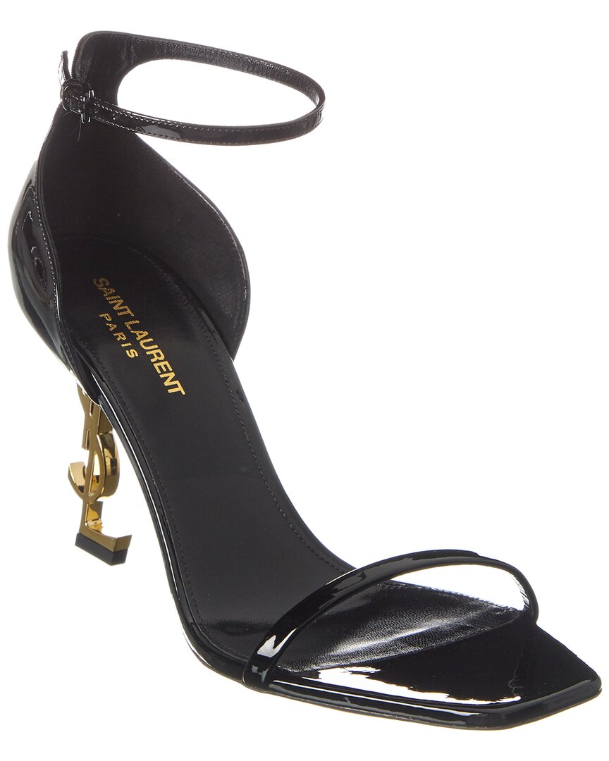 Saint Laurent Opyum Patent Leather Sandals With Structured Heel Featuring Metal Ysl Initials And Adj In Black