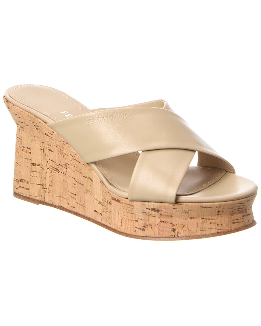 Ferragamo Ant Leather Wedge Sandal In Beige