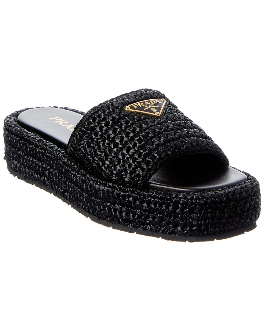 Prada Logo Crochet Platform Sandal In Black