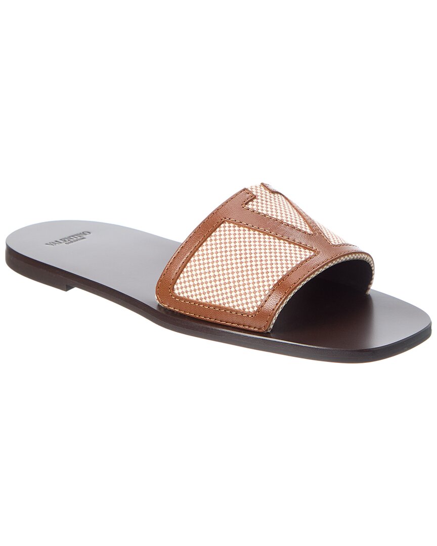 Valentino Star Leather Slide Sandals With Rubber Sole In Multi