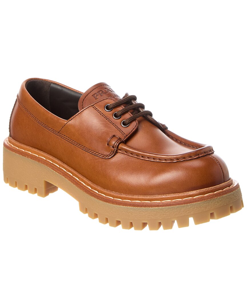 Prada Lace-up Leather Loafer In Brown