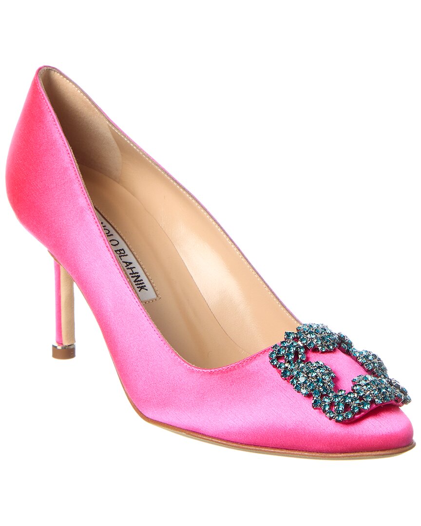 Manolo Blahnik Womens Fuchsia Hangisi Crystal-embellished Satin Heeled Courts In Pink