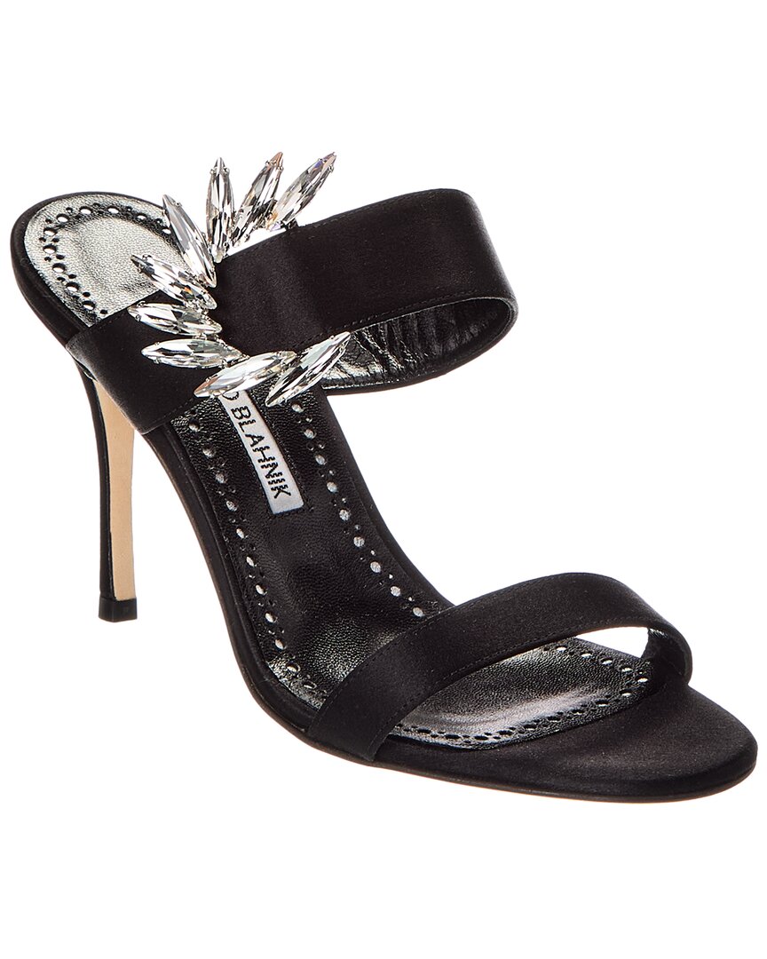 Manolo Blahnik Black Satin Sandals With Jewel Decoration In Black