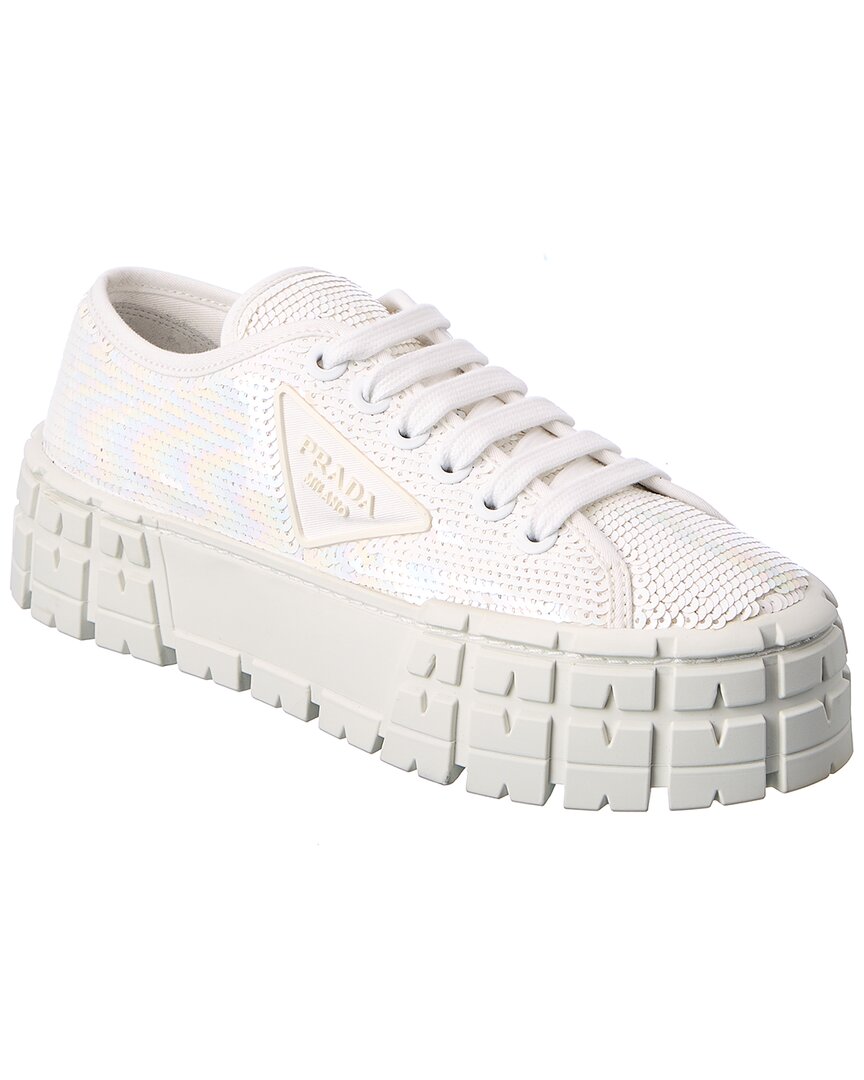 Prada Double Wheel Sequin Sneaker In White | ModeSens