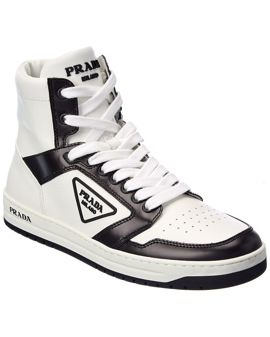 Shop Prada Logo Leather Sneaker In White