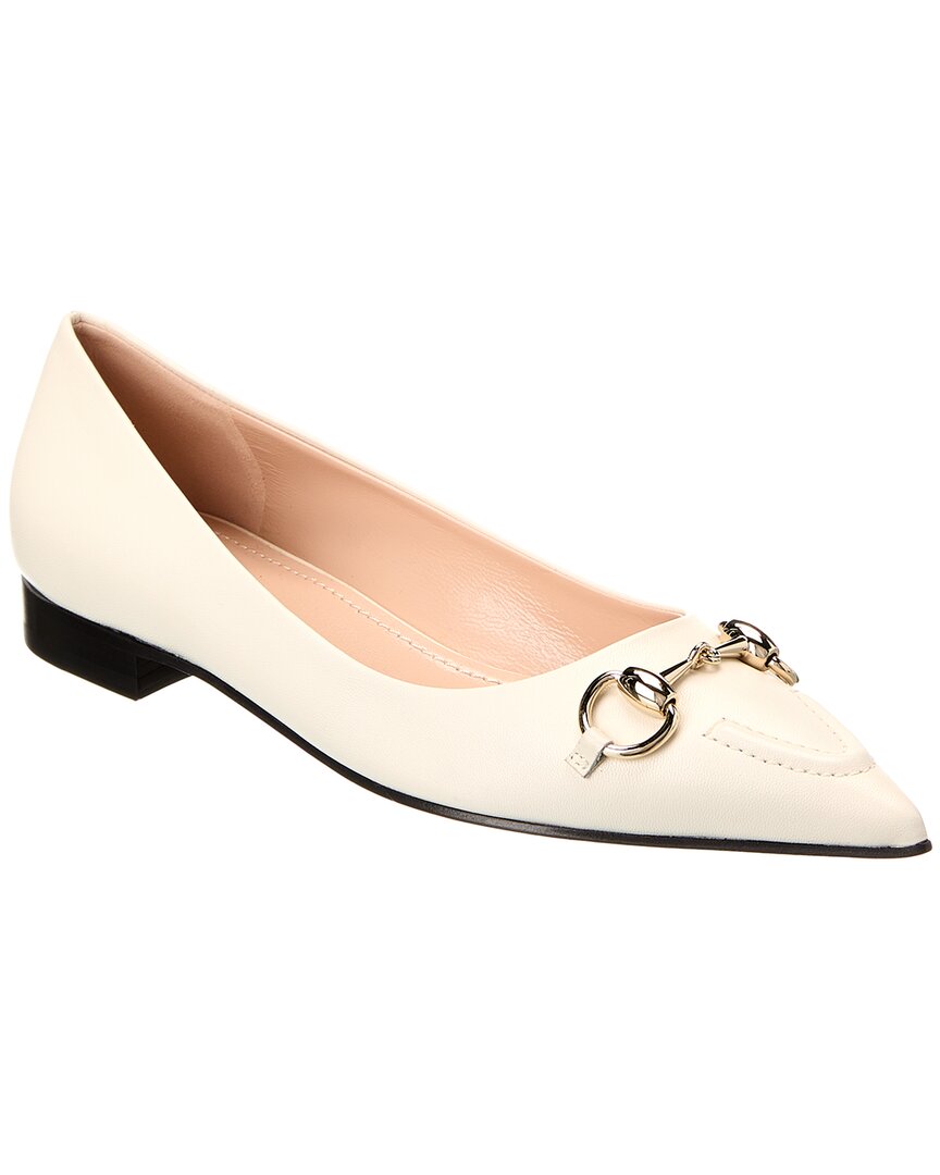 Gucci Horsebit Leather Ballerina Flat In White